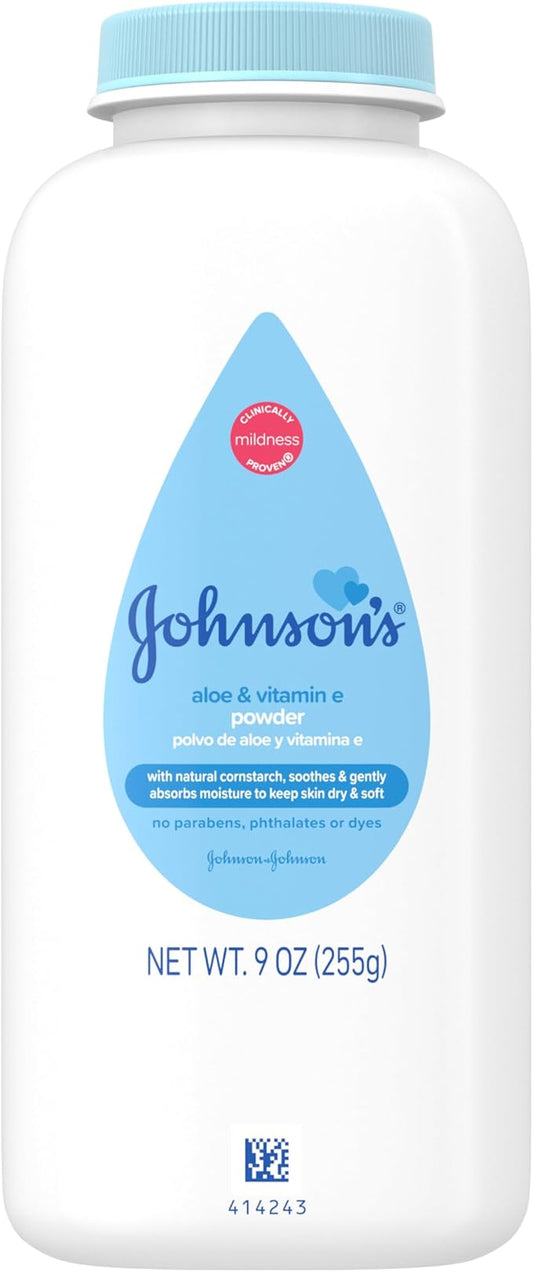 Johnson's Baby Cornstarch Baby Powder with Aloe and Vitamin E for Delicate Skin, Hypoallergenic, No Addded Parabens, and Dyes for Gentle Baby Skin Care, Baby Essentials, 1.5 oz