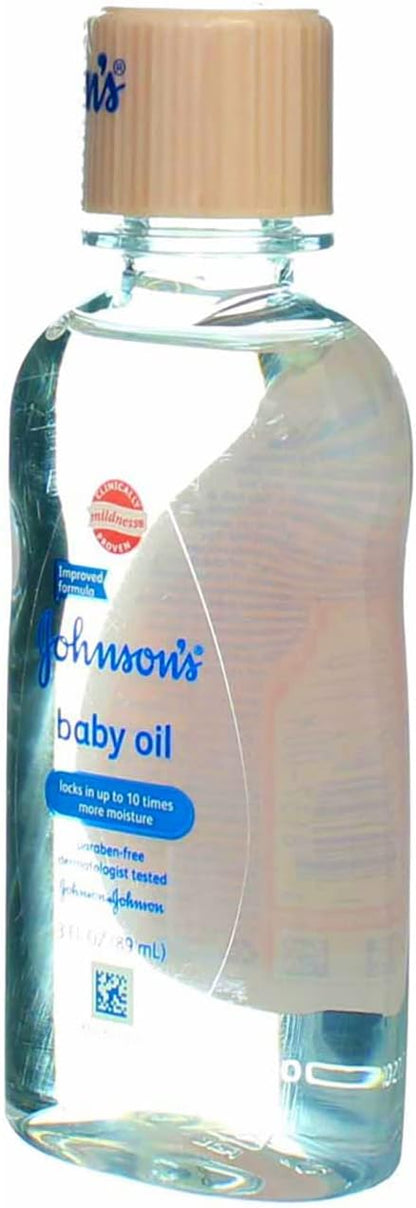 Johnson's Baby Oil, Pure Mineral Oil to Prevent Moisture Loss for Newborn, Kids, & Adults, Gentle, Soothing Baby Massage Oil, Dry Skin Relief, Hypoallergenic, Original Scent, Baby Essentials, 3 fl. oz