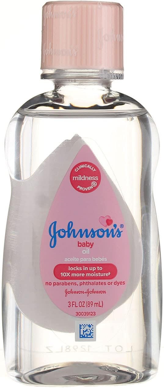 Johnson's Baby Oil, Pure Mineral Oil to Prevent Moisture Loss for Newborn, Kids, & Adults, Gentle, Soothing Baby Massage Oil, Dry Skin Relief, Hypoallergenic, Original Scent, Baby Essentials, 3 fl. oz