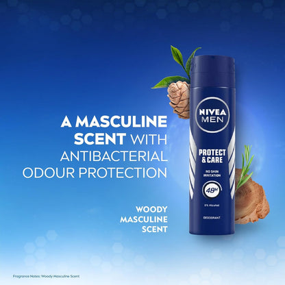Visit the NIVEA Store — NIVEA MEN Protect & Care Anti-Perspirant Deodorant Spray, 0% Alcohol, 48H Odor Protection, Skin-Friendly, Woody Masculine Scent, Dermatologically Tested, 150ml, Pack of 2