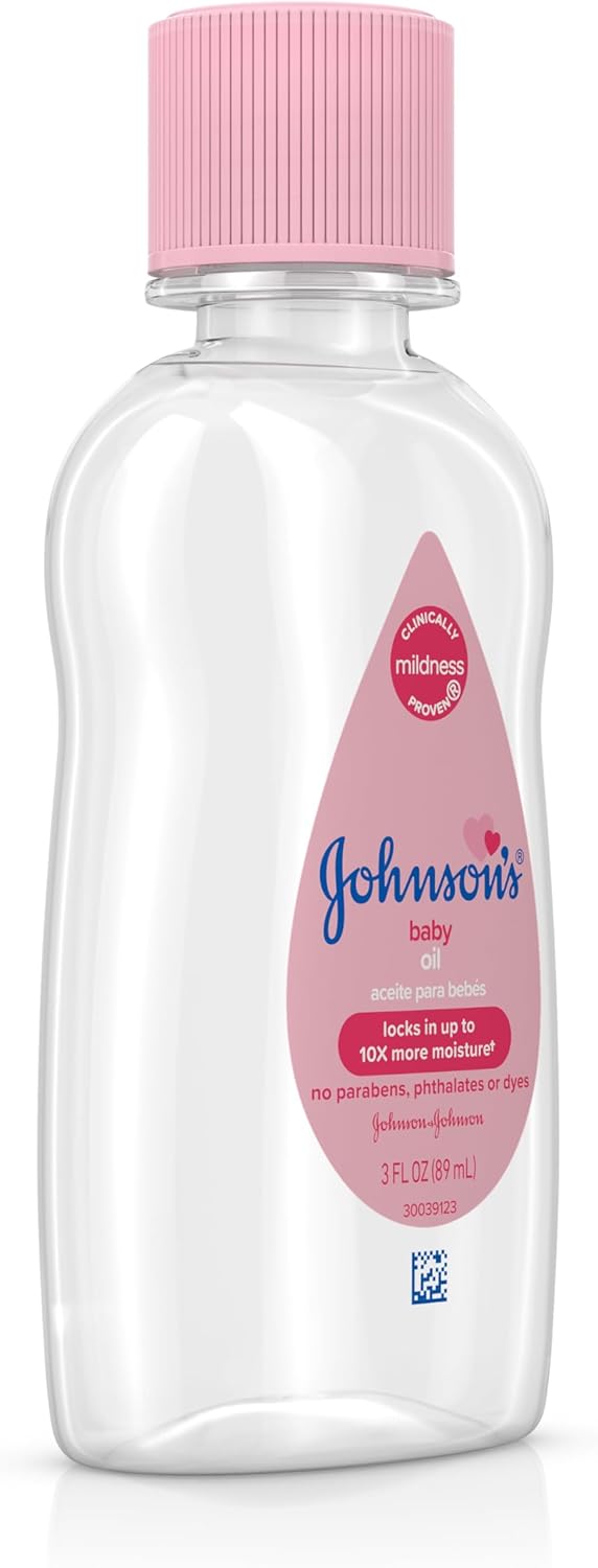 Johnson's Baby Oil, Pure Mineral Oil to Prevent Moisture Loss for Newborn, Kids, & Adults, Gentle, Soothing Baby Massage Oil, Dry Skin Relief, Hypoallergenic, Original Scent, Baby Essentials, 3 fl. oz