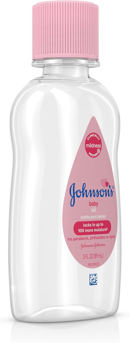 Johnson's Baby Oil, Pure Mineral Oil to Prevent Moisture Loss for Newborn, Kids, & Adults, Gentle, Soothing Baby Massage Oil, Dry Skin Relief, Hypoallergenic, Original Scent, Baby Essentials, 3 fl. oz