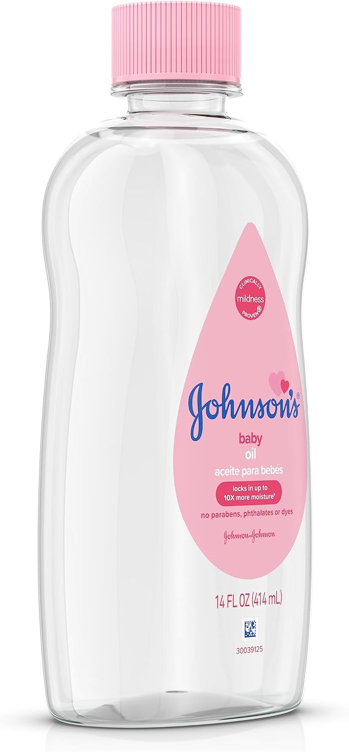 Johnson's Baby Oil, Pure Mineral Oil to Prevent Moisture Loss for Newborn, Kids, & Adults, Gentle, Soothing Baby Massage Oil, Dry Skin Relief, Hypoallergenic, Original Scent, Baby Essentials, 3 fl. oz