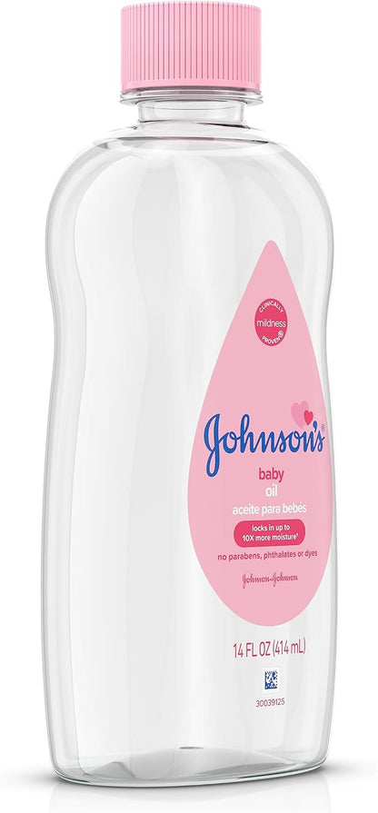 Johnson's Baby Oil, Pure Mineral Oil to Prevent Moisture Loss for Newborn, Kids, & Adults, Gentle, Soothing Baby Massage Oil, Dry Skin Relief, Hypoallergenic, Original Scent, Baby Essentials, 3 fl. oz