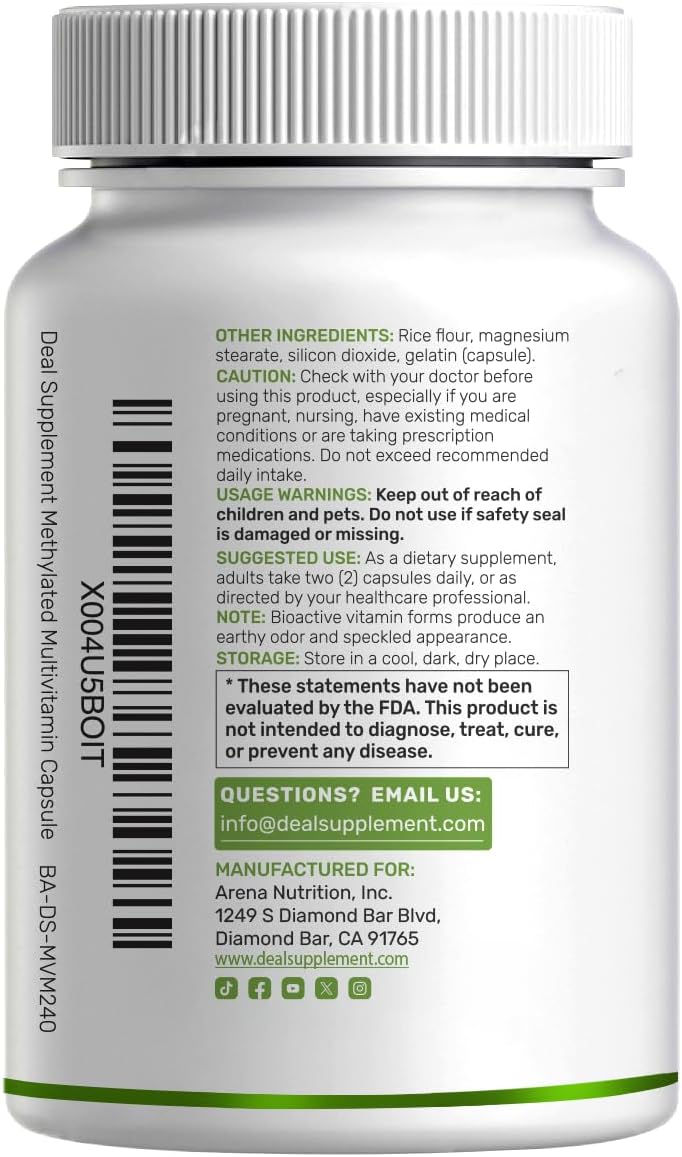 Brand: DEAL SUPPLEMENT — DEAL SUPPLEMENT Methylated Multivitamin for Men & Women, 240 Capsules | 100% DV Vitamins & Minerals | Activated B-Complex & Chelated Minerals, with CoQ10, TMG & ALA | Non-GMO, cGMP Manufactured