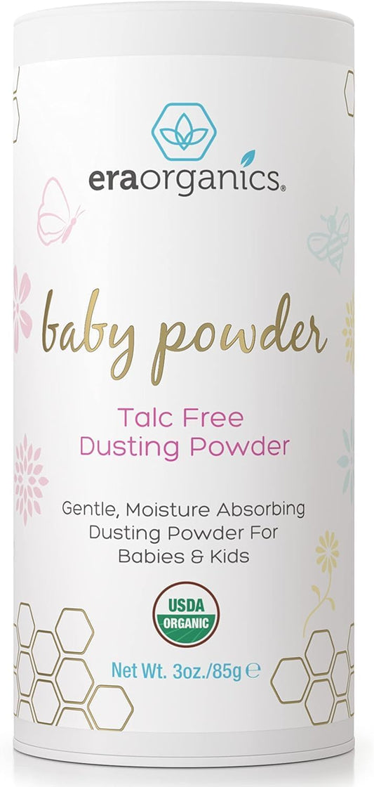 Visit the Era Organics Store — Era Organics Talc-Free Organic Baby Powder - USDA Organic Dusting Powder with Arrowroot, Calendula and Cornstarch for Newborns, Babies or Toddlers - Soothing, Fragrance Free, Made in USA (3oz/85g)