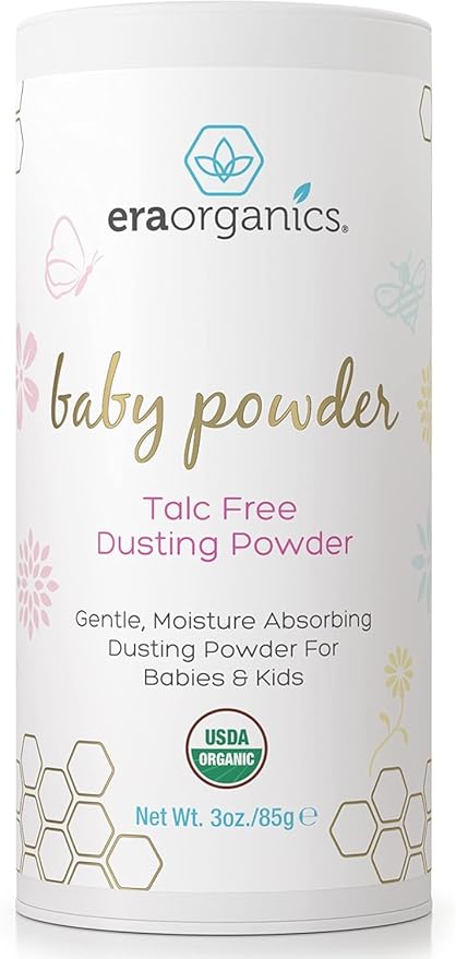 Visit the Era Organics Store — Era Organics Talc-Free Organic Baby Powder - USDA Organic Dusting Powder with Arrowroot, Calendula and Cornstarch for Newborns, Babies or Toddlers - Soothing, Fragrance Free, Made in USA (3oz/85g)