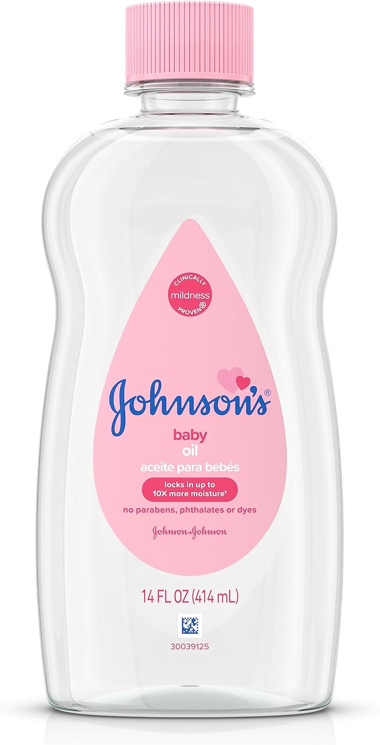 Johnson's Baby Oil, Pure Mineral Oil to Prevent Moisture Loss for Newborn, Kids, & Adults, Gentle, Soothing Baby Massage Oil, Dry Skin Relief, Hypoallergenic, Original Scent, Baby Essentials, 3 fl. oz
