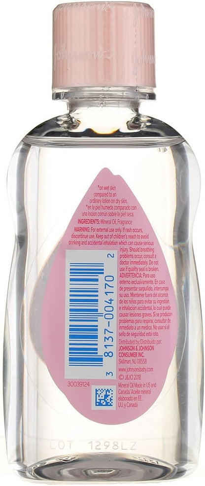 Johnson's Baby Oil, Pure Mineral Oil to Prevent Moisture Loss for Newborn, Kids, & Adults, Gentle, Soothing Baby Massage Oil, Dry Skin Relief, Hypoallergenic, Original Scent, Baby Essentials, 3 fl. oz