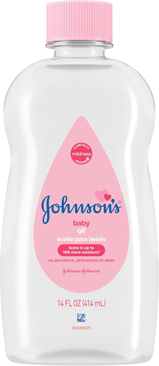 Johnson's Baby Oil, Pure Mineral Oil to Prevent Moisture Loss for Newborn, Kids, & Adults, Gentle, Soothing Baby Massage Oil, Dry Skin Relief, Hypoallergenic, Original Scent, Baby Essentials, 3 fl. oz