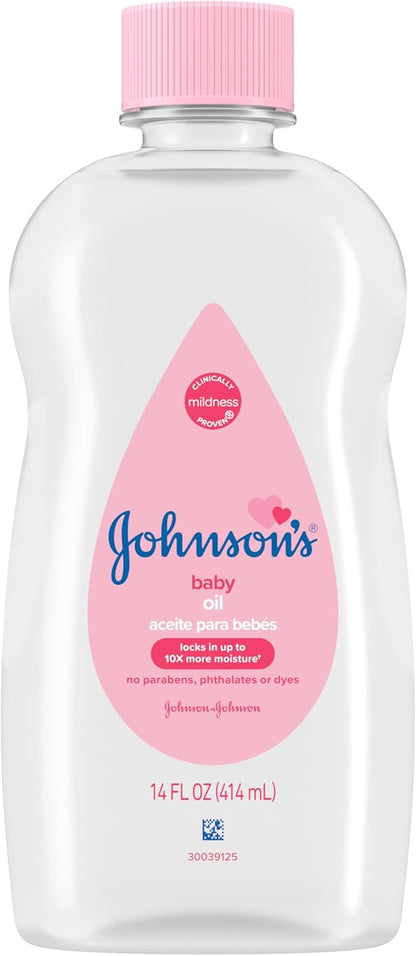 Johnson's Baby Oil, Pure Mineral Oil to Prevent Moisture Loss for Newborn, Kids, & Adults, Gentle, Soothing Baby Massage Oil, Dry Skin Relief, Hypoallergenic, Original Scent, Baby Essentials, 3 fl. oz