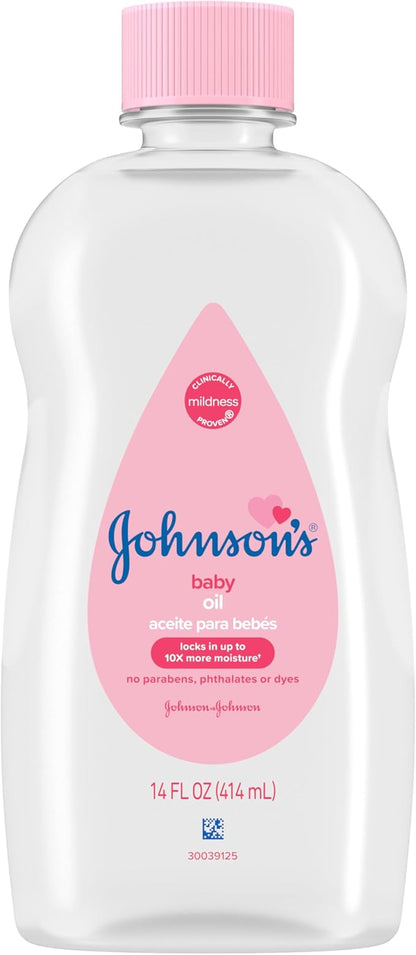 Johnson's Baby Oil, Pure Mineral Oil to Prevent Moisture Loss for Newborn, Kids, & Adults, Gentle, Soothing Baby Massage Oil, Dry Skin Relief, Hypoallergenic, Original Scent, Baby Essentials, 3 fl. oz