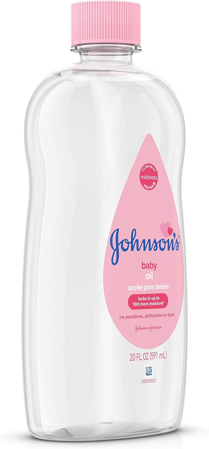 Johnson's Baby Oil, Pure Mineral Oil to Prevent Moisture Loss for Newborn, Kids, & Adults, Gentle, Soothing Baby Massage Oil, Dry Skin Relief, Hypoallergenic, Original Scent, Baby Essentials, 3 fl. oz