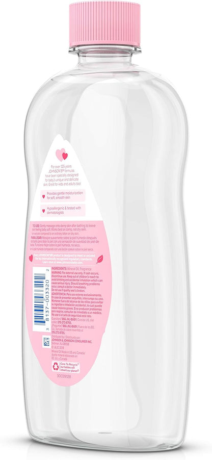 Johnson's Baby Oil, Pure Mineral Oil to Prevent Moisture Loss for Newborn, Kids, & Adults, Gentle, Soothing Baby Massage Oil, Dry Skin Relief, Hypoallergenic, Original Scent, Baby Essentials, 3 fl. oz