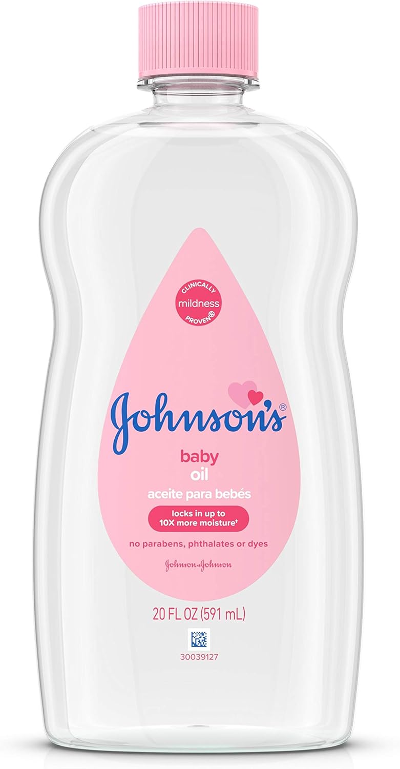 Johnson's Baby Oil, Pure Mineral Oil to Prevent Moisture Loss for Newborn, Kids, & Adults, Gentle, Soothing Baby Massage Oil, Dry Skin Relief, Hypoallergenic, Original Scent, Baby Essentials, 3 fl. oz