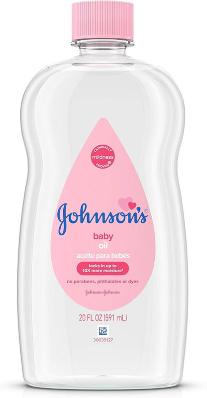 Johnson's Baby Oil, Pure Mineral Oil to Prevent Moisture Loss for Newborn, Kids, & Adults, Gentle, Soothing Baby Massage Oil, Dry Skin Relief, Hypoallergenic, Original Scent, Baby Essentials, 3 fl. oz