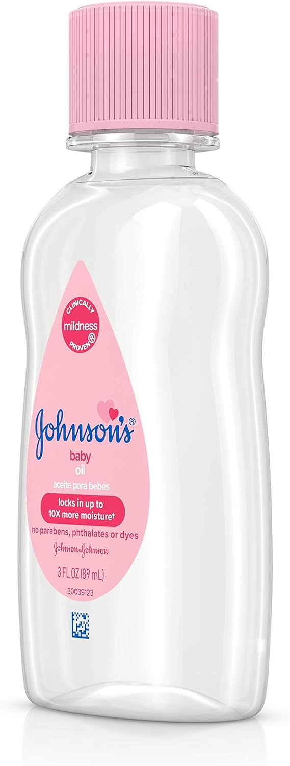 Johnson's Baby Oil, Pure Mineral Oil to Prevent Moisture Loss for Newborn, Kids, & Adults, Gentle, Soothing Baby Massage Oil, Dry Skin Relief, Hypoallergenic, Original Scent, Baby Essentials, 3 fl. oz