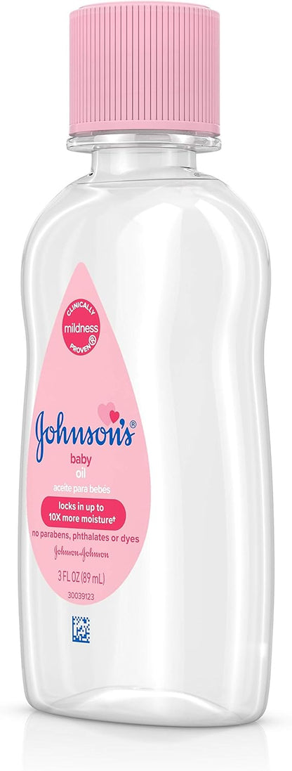 Johnson's Baby Oil, Pure Mineral Oil to Prevent Moisture Loss for Newborn, Kids, & Adults, Gentle, Soothing Baby Massage Oil, Dry Skin Relief, Hypoallergenic, Original Scent, Baby Essentials, 3 fl. oz