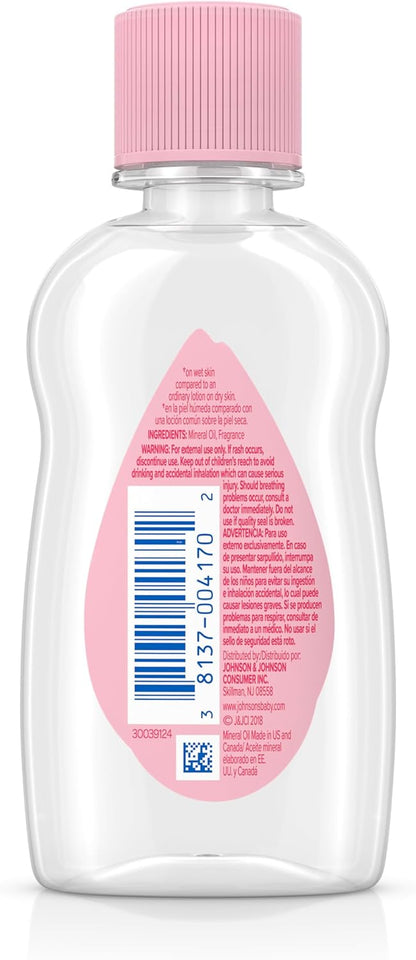 Johnson's Baby Oil, Pure Mineral Oil to Prevent Moisture Loss for Newborn, Kids, & Adults, Gentle, Soothing Baby Massage Oil, Dry Skin Relief, Hypoallergenic, Original Scent, Baby Essentials, 3 fl. oz