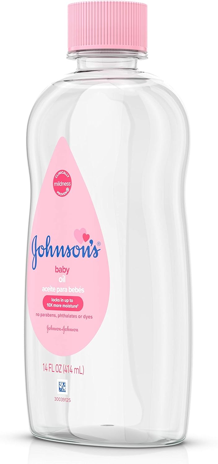 Johnson's Baby Oil, Pure Mineral Oil to Prevent Moisture Loss for Newborn, Kids, & Adults, Gentle, Soothing Baby Massage Oil, Dry Skin Relief, Hypoallergenic, Original Scent, Baby Essentials, 3 fl. oz