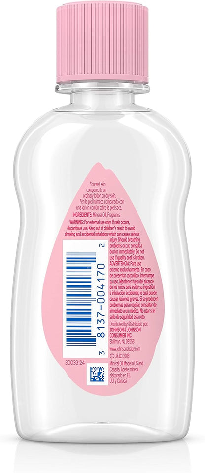 Johnson's Baby Oil, Pure Mineral Oil to Prevent Moisture Loss for Newborn, Kids, & Adults, Gentle, Soothing Baby Massage Oil, Dry Skin Relief, Hypoallergenic, Original Scent, Baby Essentials, 3 fl. oz