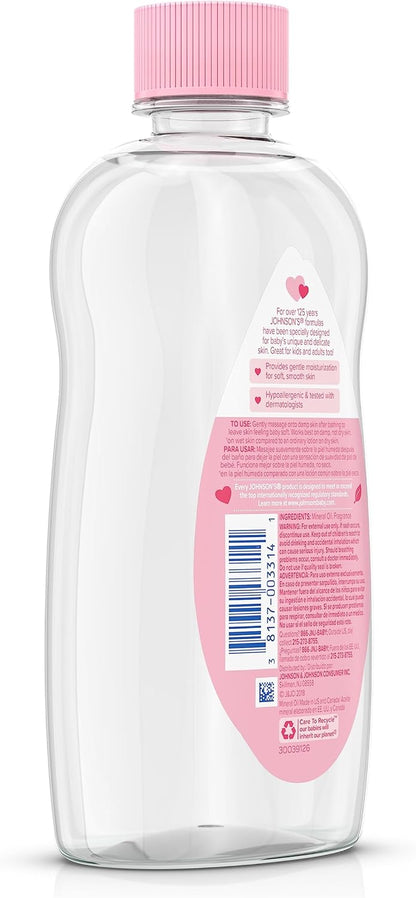 Johnson's Baby Oil, Pure Mineral Oil to Prevent Moisture Loss for Newborn, Kids, & Adults, Gentle, Soothing Baby Massage Oil, Dry Skin Relief, Hypoallergenic, Original Scent, Baby Essentials, 3 fl. oz