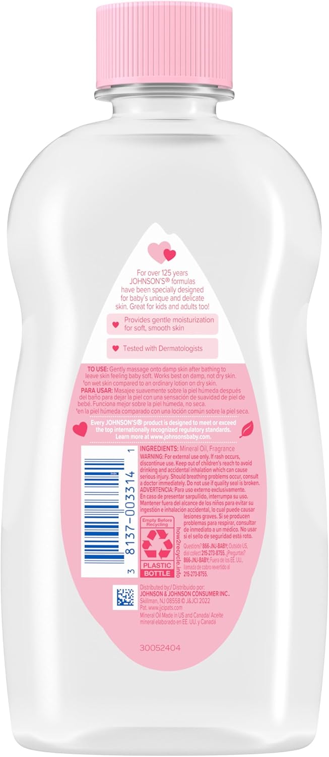 Johnson's Baby Oil, Pure Mineral Oil to Prevent Moisture Loss for Newborn, Kids, & Adults, Gentle, Soothing Baby Massage Oil, Dry Skin Relief, Hypoallergenic, Original Scent, Baby Essentials, 3 fl. oz