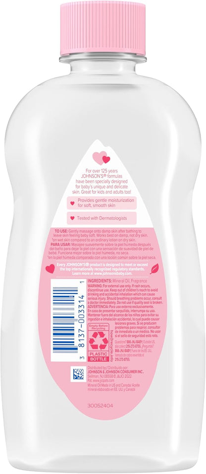 Johnson's Baby Oil, Pure Mineral Oil to Prevent Moisture Loss for Newborn, Kids, & Adults, Gentle, Soothing Baby Massage Oil, Dry Skin Relief, Hypoallergenic, Original Scent, Baby Essentials, 3 fl. oz