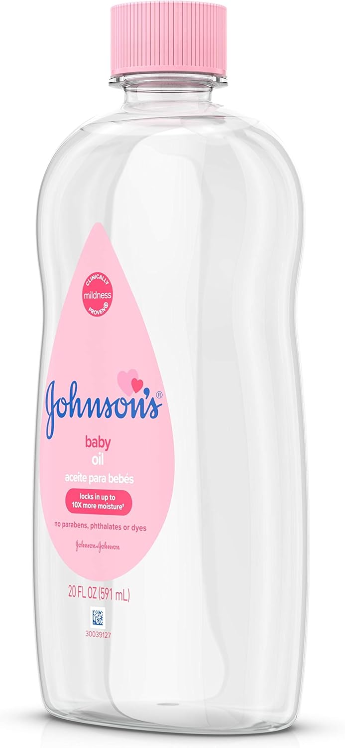 Johnson's Baby Oil, Pure Mineral Oil to Prevent Moisture Loss for Newborn, Kids, & Adults, Gentle, Soothing Baby Massage Oil, Dry Skin Relief, Hypoallergenic, Original Scent, Baby Essentials, 3 fl. oz