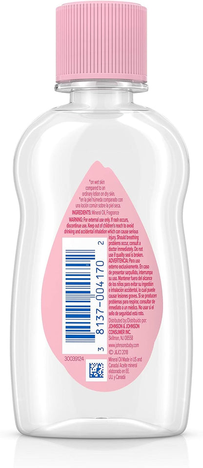 Johnson's Baby Oil, Pure Mineral Oil to Prevent Moisture Loss for Newborn, Kids, & Adults, Gentle, Soothing Baby Massage Oil, Dry Skin Relief, Hypoallergenic, Original Scent, Baby Essentials, 3 fl. oz