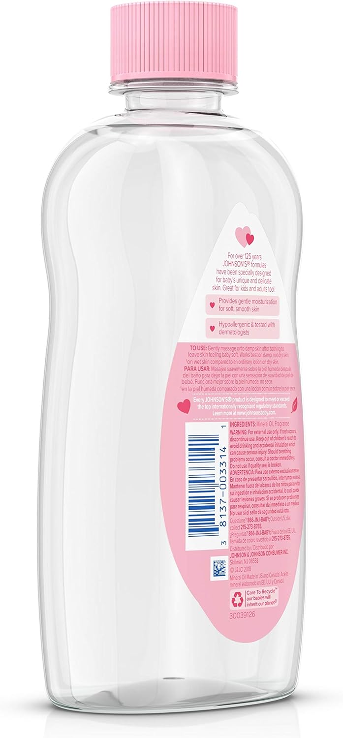 Johnson's Baby Oil, Pure Mineral Oil to Prevent Moisture Loss for Newborn, Kids, & Adults, Gentle, Soothing Baby Massage Oil, Dry Skin Relief, Hypoallergenic, Original Scent, Baby Essentials, 3 fl. oz