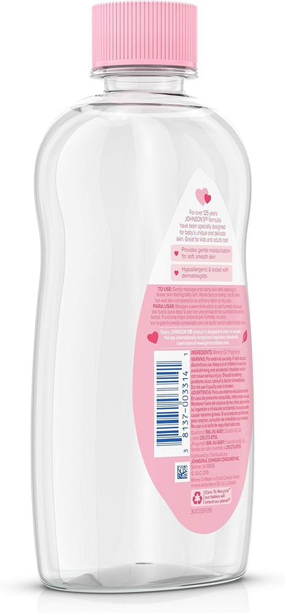 Johnson's Baby Oil, Pure Mineral Oil to Prevent Moisture Loss for Newborn, Kids, & Adults, Gentle, Soothing Baby Massage Oil, Dry Skin Relief, Hypoallergenic, Original Scent, Baby Essentials, 3 fl. oz