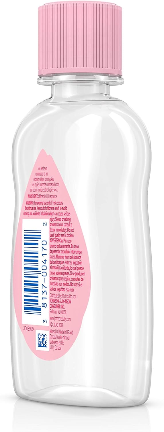 Johnson's Baby Oil, Pure Mineral Oil to Prevent Moisture Loss for Newborn, Kids, & Adults, Gentle, Soothing Baby Massage Oil, Dry Skin Relief, Hypoallergenic, Original Scent, Baby Essentials, 3 fl. oz