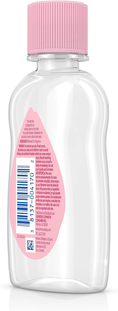 Johnson's Baby Oil, Pure Mineral Oil to Prevent Moisture Loss for Newborn, Kids, & Adults, Gentle, Soothing Baby Massage Oil, Dry Skin Relief, Hypoallergenic, Original Scent, Baby Essentials, 3 fl. oz