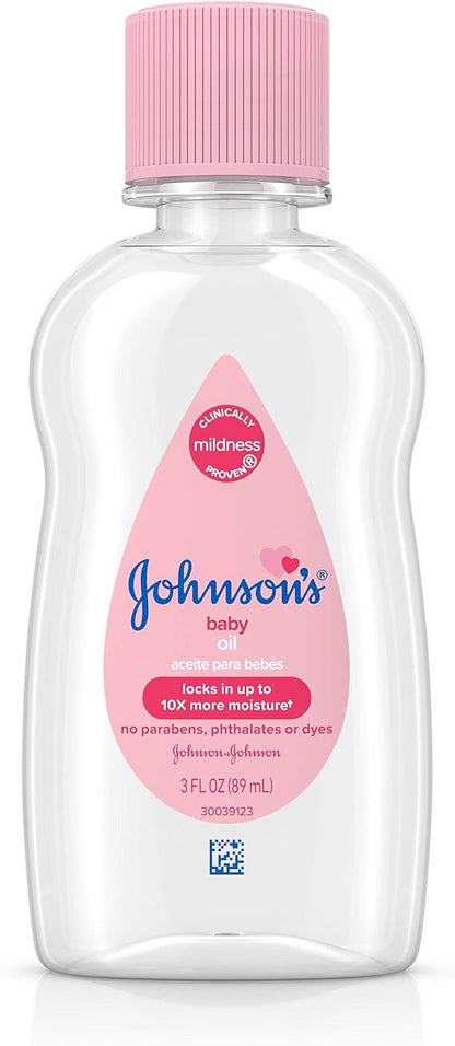 Johnson's Baby Oil, Pure Mineral Oil to Prevent Moisture Loss for Newborn, Kids, & Adults, Gentle, Soothing Baby Massage Oil, Dry Skin Relief, Hypoallergenic, Original Scent, Baby Essentials, 3 fl. oz