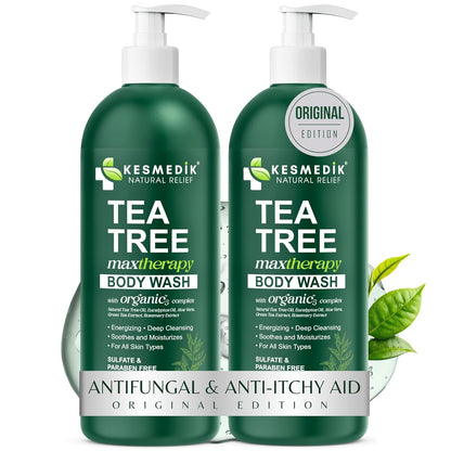 Visit the KESMEDIK Store — KESMEDIK Tea Tree Body Wash MaxTherapy, Itchy Skin Relief Soap, Soothes Jock Itch, Athlete's Foot, Acne, Eczema, Psoriasis & Sensitive Skin, Intimate Wash, Men & Women, 2-Pack, Original Edition